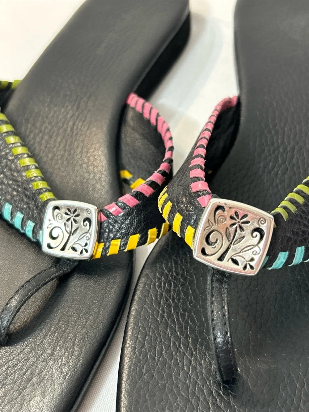 Brighton Black Flip Flop Sandals with Multicolor Stitching